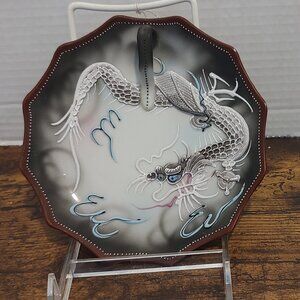 Moriage Embossed Blue Eyed Dragon Handled Nappy Plate RS Japan Porcelain Vintage